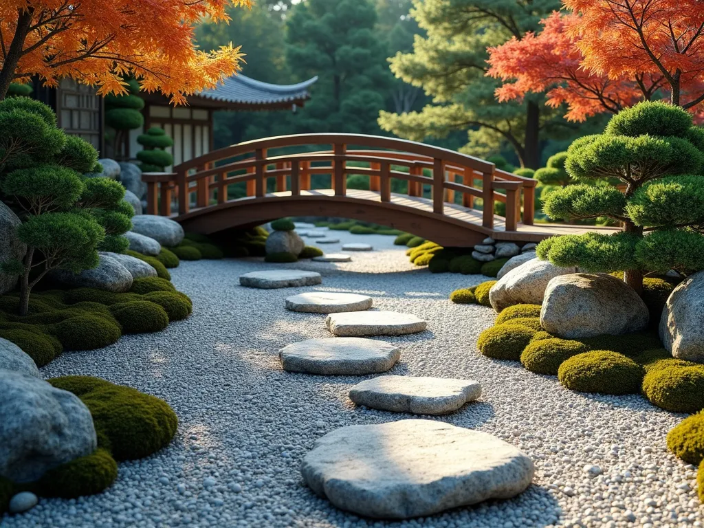 Winding Zen Stone River - A serene Japanese garden featuring a winding dry riverbed made of polished gray and white stones, surrounded by small shrubs and moss. A traditional wooden arched bridge crosses the stone river, while flat granite stepping stones create a secondary path. The gravel is artistically raked in flowing patterns to mimic water movement. Soft morning light casts gentle shadows across the scene, with Japanese maples and dwarf conifers framing the edges. Photorealistic, high detail, landscape architecture photography style.