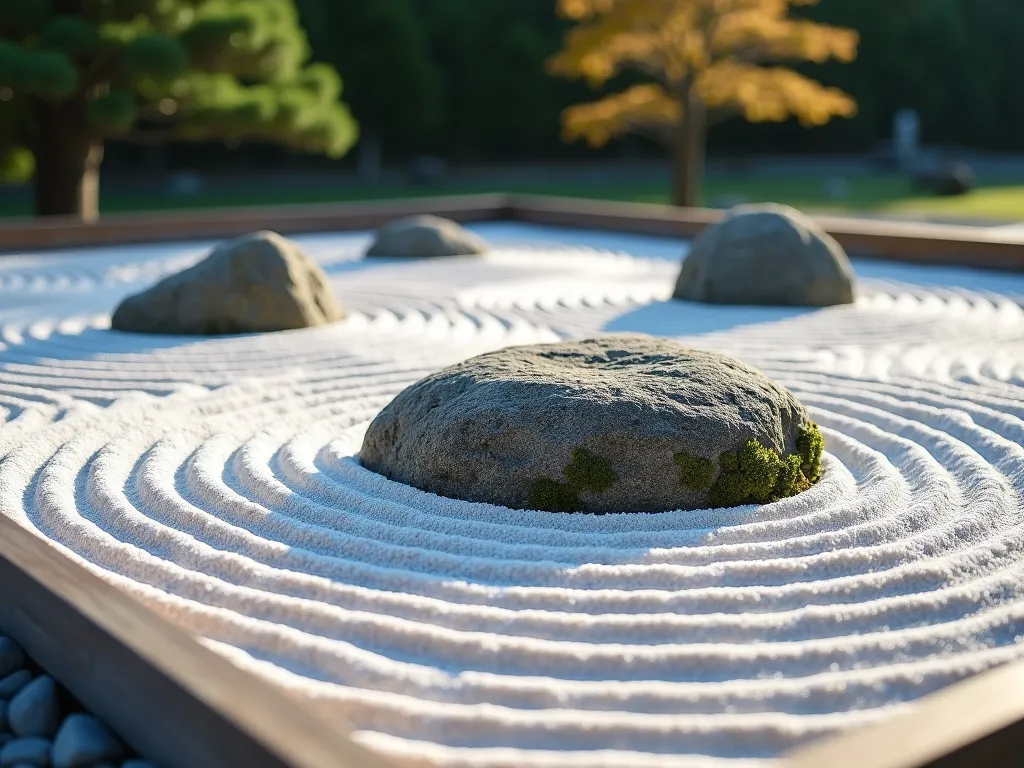 Serene Zen Rock Garden at Dawn - A meticulously crafted Japanese zen rock garden photographed during early morning light, featuring elegant concentric ripple patterns raked into pristine white gravel surrounding three groups of weathered granite stones. The gravel is precisely raked in flowing curved lines that mimic water ripples, creating a sense of movement and tranquility. Natural morning sunlight casts gentle shadows across the patterns, while moss-touched rocks of varying sizes emerge like islands from the gravel sea. A simple wooden border frames the garden, with a single mature Japanese maple providing subtle context in the background. The scene captures a profound sense of peace and meditation, shot from a low angle to emphasize the garden's contemplative nature.