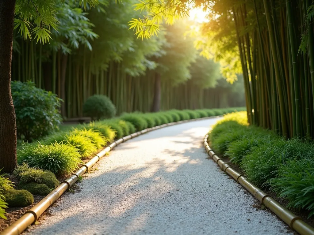 Zen Bamboo-Lined Gravel Path - A serene Japanese garden path featuring a pristine straight gravel walkway bordered by elegant bamboo edging, shot during golden hour. The light-colored gravel contrasts beautifully with the rich green bamboo borders, which stand at knee height. Traditional bamboo nodes create a rhythmic pattern along the path edges. In the background, tall bamboo grove creates a natural privacy screen, with filtered sunlight creating dappled shadows on the path. The composition includes subtle moss patches between the gravel and bamboo edging, adding an authentic Japanese garden feel. Photographed from a low angle to emphasize the path's clean lines and peaceful perspective.