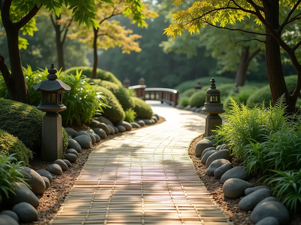 Serene Bamboo Mat Garden Path - A gently winding garden path made of natural rolled bamboo mats, bordered by smooth river stones and moss patches. Low-growing ferns and ornamental grasses sway gently alongside the path. Stone lanterns cast soft shadows across the textured bamboo surface, while mature Japanese maple trees provide dappled shade overhead. The path leads to a small wooden bridge in the distance, creating a sense of journey and discovery. Photographed in gentle morning light with a shallow depth of field, highlighting the intricate texture of the bamboo mats.