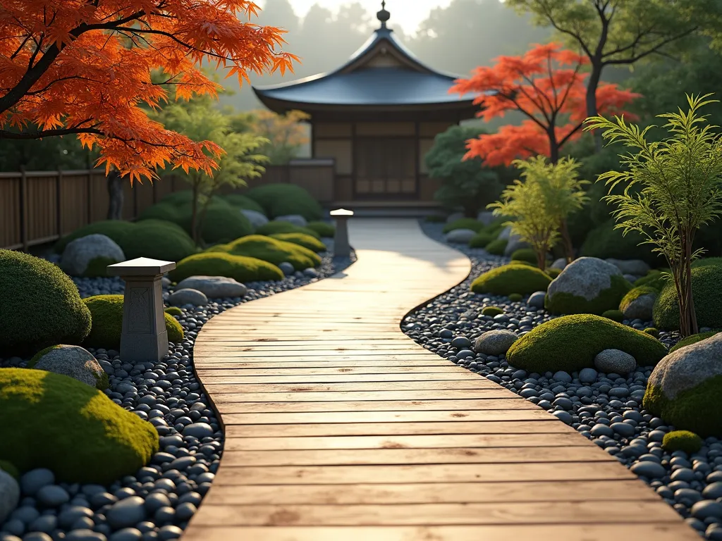 Serene Cedar Plank Garden Path - A winding Japanese garden path made of smooth, light-toned cedar planks arranged in a precise linear pattern, bordered by moss and small river rocks. The weathered wood creates a warm, natural walkway through a zen garden setting with carefully placed Japanese maples and dwarf bamboo. Low stone lanterns illuminate the path edges, while subtle groundcover peeks between stones. Soft natural lighting captures the late afternoon glow on the aged cedar, highlighting its natural grain patterns. The path leads to a traditional wooden tea house in the misty background.