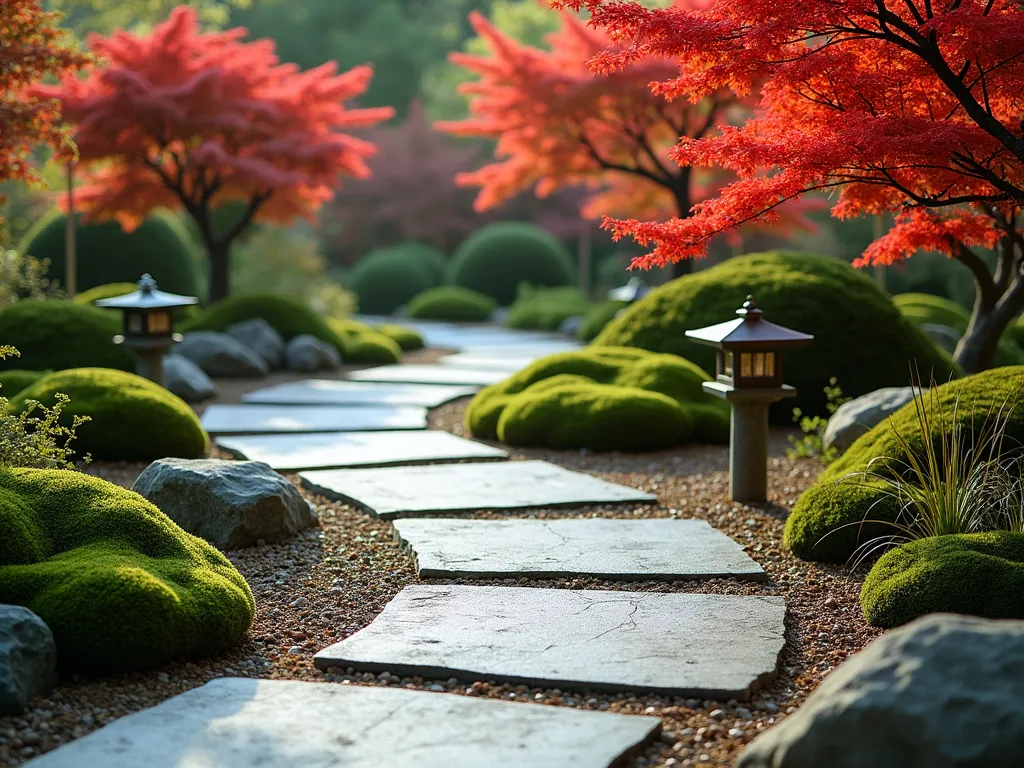 Curved Granite Path with Japanese Maples - A serene Japanese garden path made of smooth, curved granite slabs with staggered placement, winding gracefully through a landscape of vivid Japanese maple trees and moss gardens. The path is bordered by carefully placed natural stones and lush green moss, with soft dappled sunlight filtering through the red-leafed maples. Traditional stone lanterns accent the curves, while maintenance-free ornamental grasses provide gentle movement. Photographed from a low angle to emphasize the flowing curves, ultra-detailed, natural lighting, 4K quality.