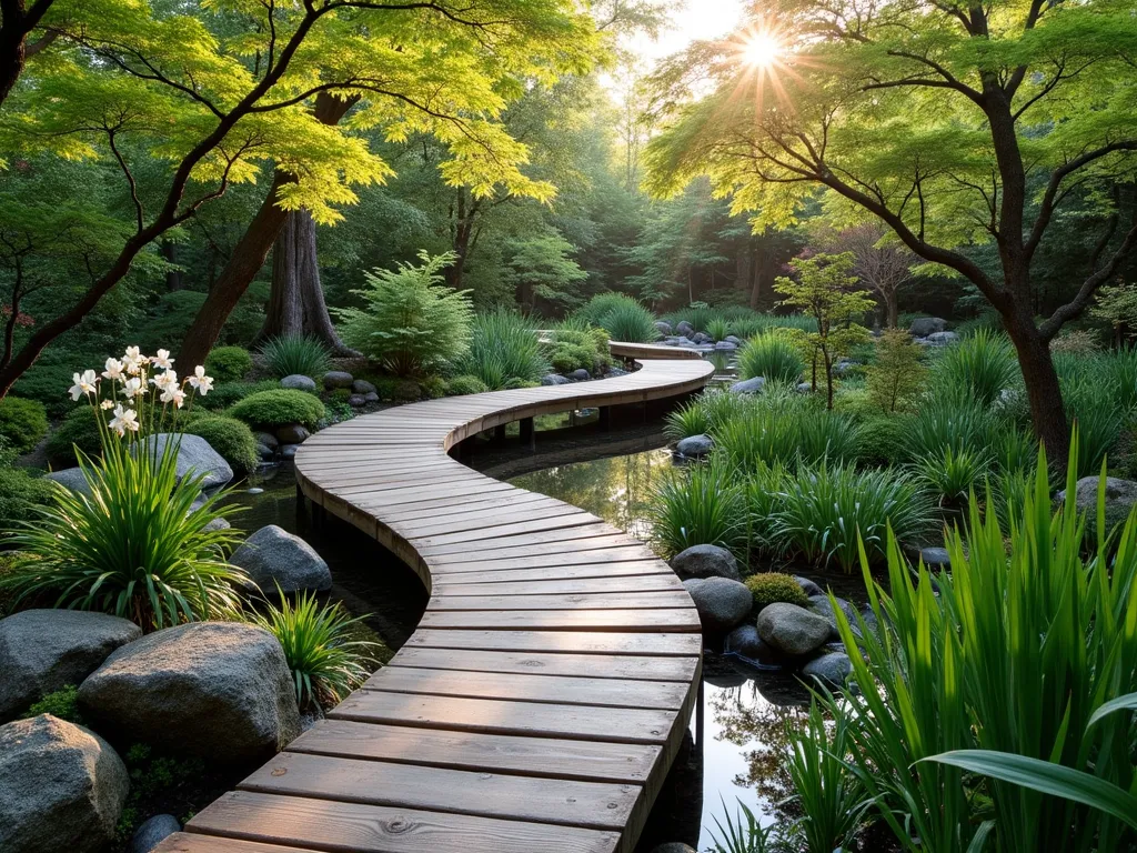 Elevated Wooden Path Through Japanese Rain Garden - A serene Japanese garden scene featuring an elevated wooden boardwalk path that gracefully curves through a lush rain garden. The boardwalk is made of weathered cedar planks with simple black metal railings. Below, collections of water-loving plants like Japanese iris, horsetail reed, and sedges create varying heights of greenery. Small pools of water reflect the sky, while carefully placed rocks and boulders add natural texture. Japanese maple trees provide dappled shade, and moss-covered stones line the edges. The scene is captured during golden hour, with soft light filtering through the foliage, creating a mystical atmosphere.