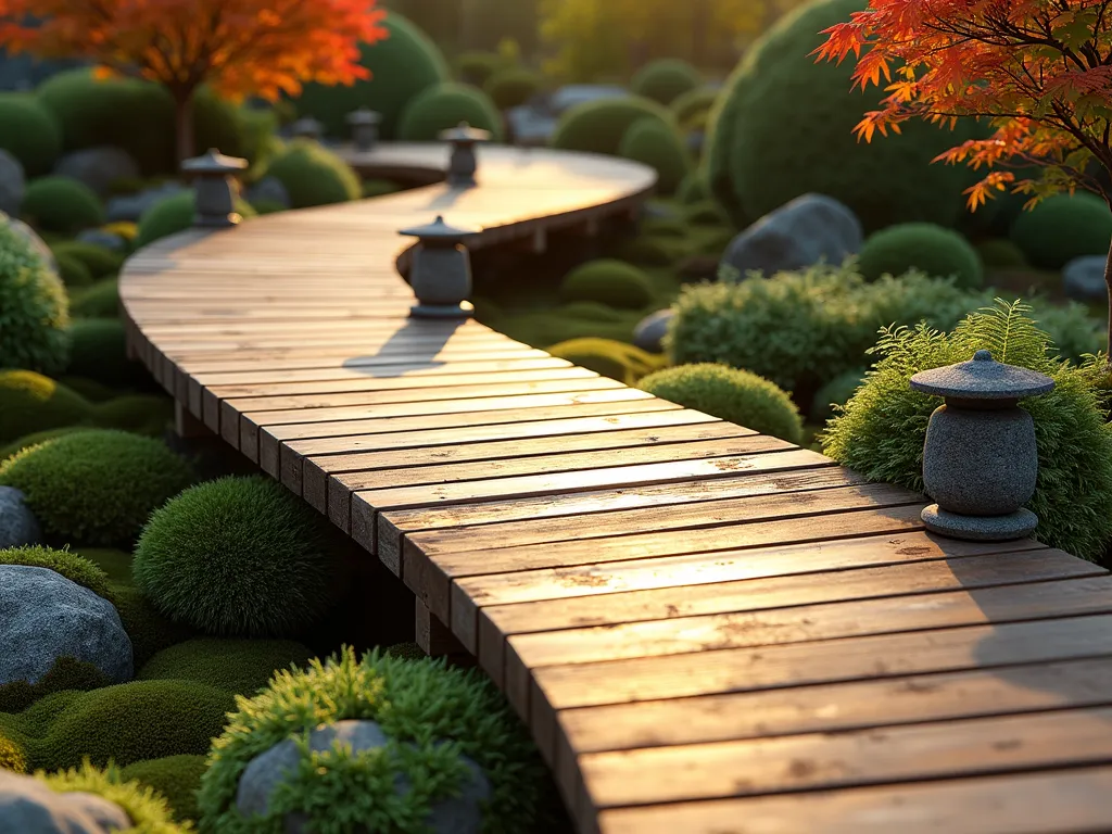 Serene Elevated Cedar Path - A peaceful Japanese garden scene featuring an elevated wooden walkway made of rich cedar planks, raised 12 inches above the ground. The path gracefully winds through a lush garden landscape with moss-covered ground beneath. Japanese forest grass and delicate ferns grow around and under the walkway's edges, creating a soft, natural integration. Stone lanterns placed strategically along the path cast gentle shadows. In the background, a small maple tree adds height and seasonal color. The scene is captured during golden hour, creating warm highlights on the wooden boards while maintaining the garden's serene atmosphere.