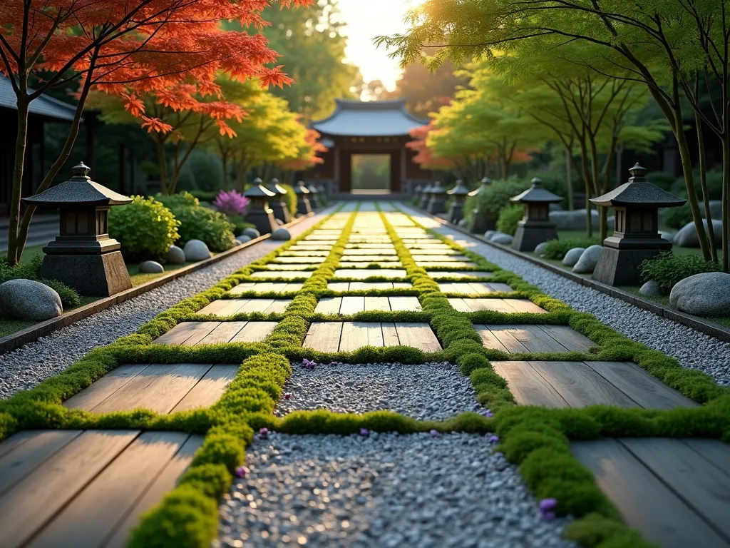 Geometric Timber Grid Garden Path with Moss - A serene Japanese garden path featuring dark-stained cedar timber sections arranged in a precise grid pattern, creating 2-foot squares filled alternately with fine grey gravel and lush green moss. The path meanders through a peaceful garden setting with Japanese maple trees casting dappled shadows. Stone lanterns and ornamental bamboo frame the edges, while small tufts of grass and tiny purple flowers peek through some grid sections. Shot during golden hour with soft, atmospheric lighting casting long shadows across the geometric pattern. Photorealistic, 8k, architectural photography style.