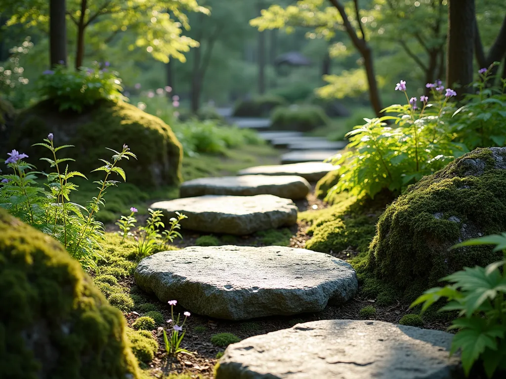 Mossy Forest Floor Stepping Stone Path - A serene Japanese garden path with irregular natural granite stepping stones nestled among lush moss, ferns, and native woodland plants. The stones are partially covered with moss, creating an aged, weathered appearance. Dappled sunlight filters through Japanese maple branches overhead, casting gentle shadows on the forest floor. Small clusters of wild violets and woodland flowers peek through the ground cover, while delicate lady ferns unfurl their fronds along the path edges. The stepping stones are thoughtfully placed to create a natural, meandering journey through this tranquil woodland setting.