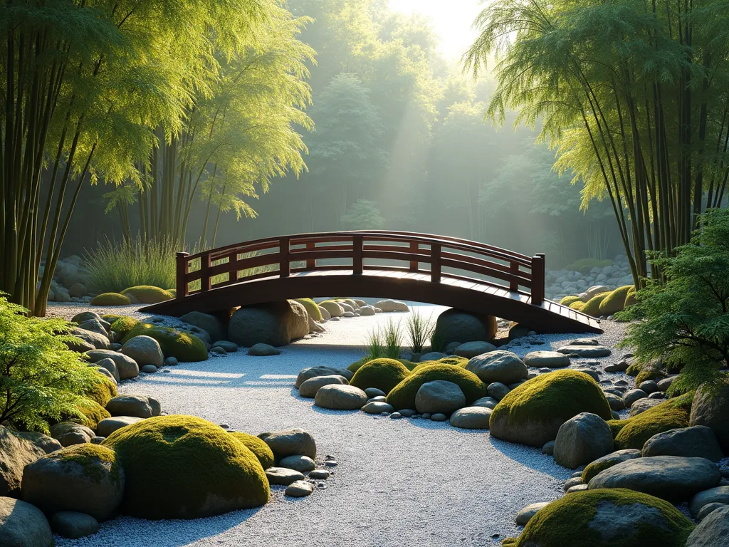 Zen Garden Bridge Path - A serene Japanese garden scene featuring a gracefully arched wooden bridge in dark mahogany, spanning a peaceful dry river bed filled with carefully arranged white gravel and large smooth stones. The bridge connects two winding stone paths lined with lush moss and dwarf Japanese maples. Ornamental bamboo groves create a natural backdrop, while delicate ferns and small clusters of mondo grass soften the edges. Early morning mist and dappled sunlight filter through the scene, creating an enchanting atmosphere