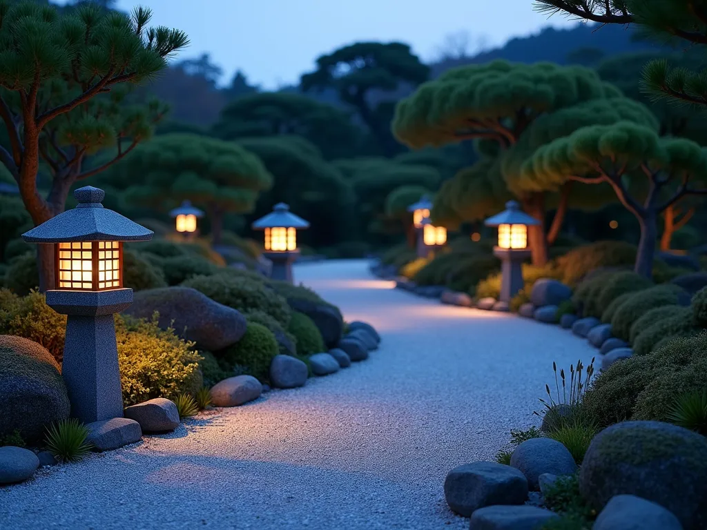 Evening Serenity: Traditional Japanese Stone Lantern Path - A serene evening scene of a winding Japanese garden path made of light gray gravel, bordered by carefully placed natural stones. Traditional granite stone lanterns of varying heights line the path, their warm glowing light creating gentle shadows and patterns on the gravel surface. Moss-covered rocks and small clusters of ornamental grasses soften the edges. The path curves gently through a landscape of Japanese maples and dwarf pines, their silhouettes dramatic in the lantern light. The scene is photographed during the blue hour, creating a magical atmosphere with the contrast between the warm lantern light and the cool evening sky.