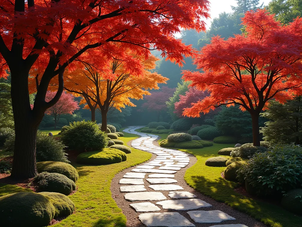 Japanese Maple Stone Path - A serene winding stone path through a Japanese garden, lined with elegant Japanese maple trees casting dappled shadows. The maples display a stunning gradient of autumn colors from deep crimson to bright orange. Natural stone pavers create a meandering path through moss-covered ground, with soft morning light filtering through the maple canopy. The scene captures the essence of Japanese garden design with its perfect balance of natural elements and thoughtful composition.