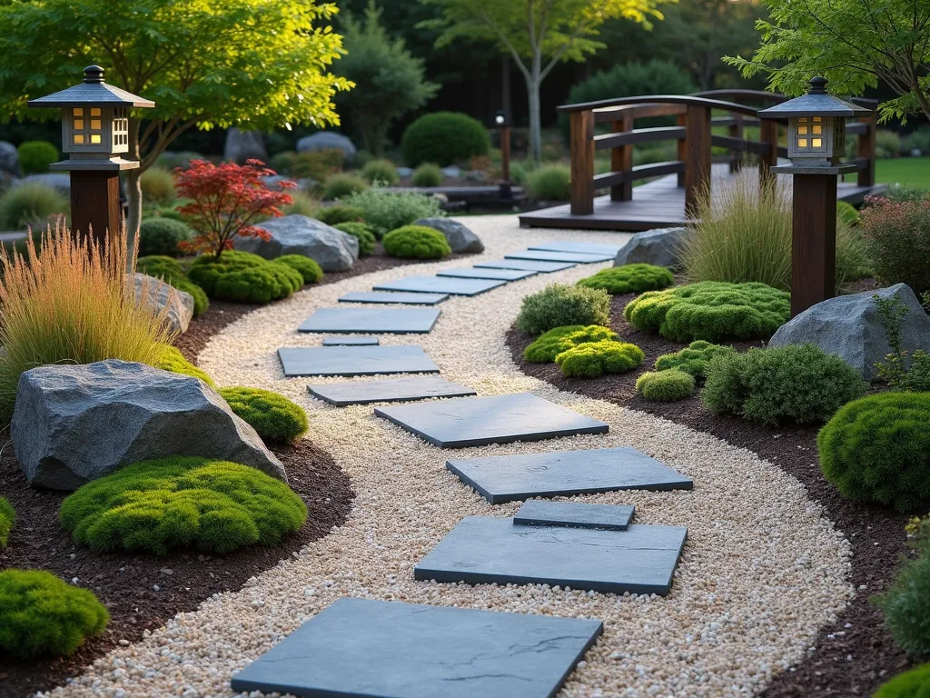 Zen Mixed Materials Garden Path - A winding Japanese garden path combining three materials: smooth grey stone pavers, light beige gravel, and dark wooden sleepers. The path meanders through a serene garden setting with moss patches between stones, dwarf Japanese maples providing subtle red accents, and ornamental grasses softening the edges. Natural stone lanterns illuminate the path's curves. The wooden elements are positioned as stepping stones through the gravel sections, creating a rhythmic flow. Early morning lighting casts gentle shadows across the mixed textures, with a small wooden bridge in the background crossing a dry stream bed.