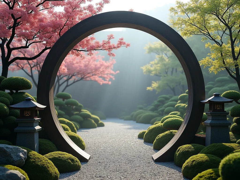 Enchanting Japanese Moongate Garden Portal - A serene Japanese garden scene featuring a large circular moongate portal crafted from dark wood and stone. The moongate frames a winding gravel path lined with carefully manicured Japanese maples and dwarf bamboo. Moss-covered stones border the path, while soft morning mist creates an ethereal atmosphere. Traditional stone lanterns illuminate the entrance, with delicate cherry blossoms visible in the background. The path leads through the portal into a peaceful Zen garden space.