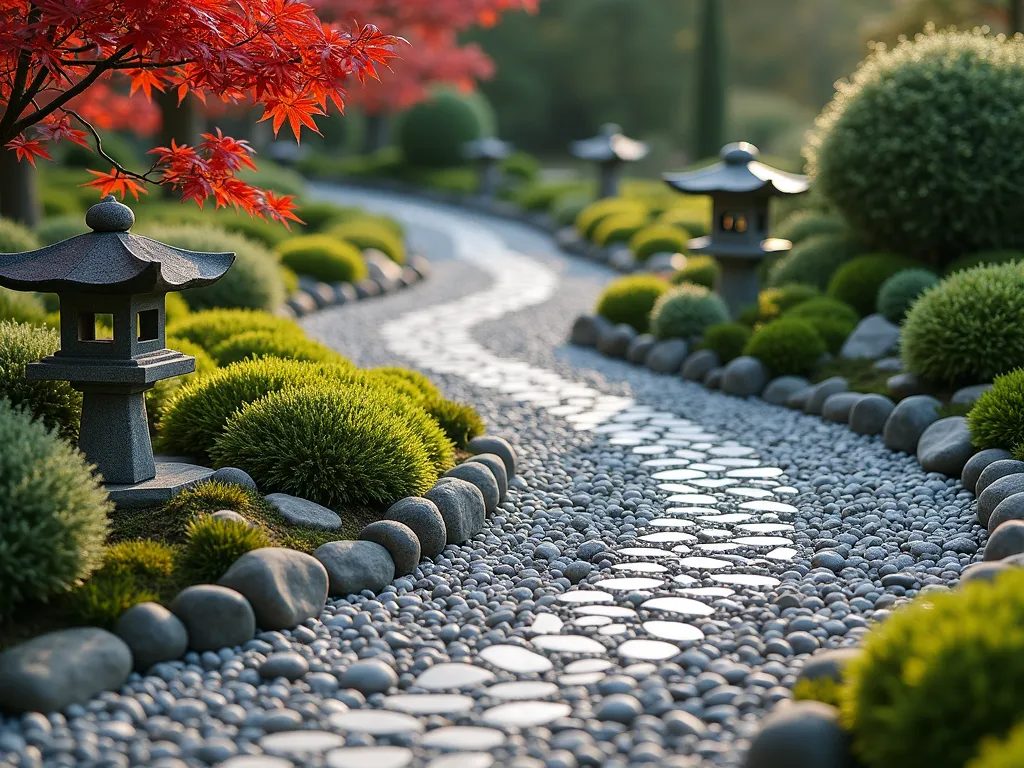 Serene Japanese Pebble Mosaic Garden Path - A winding garden path created with an intricate mosaic of smooth river pebbles in varying shades of gray, white, and earth tones, forming traditional Japanese wave patterns known as seigaiha. The carefully arranged small stones create a mesmerizing flow through a tranquil Japanese garden setting. Soft moss grows between path sections, while ornamental grasses and Japanese forest grass gently sway along the edges. Natural stone lanterns provide subtle lighting, and a red maple tree casts dappled shadows on the artistic pebble work. Photographed from a low angle to emphasize the detailed craftsmanship of the mosaic pattern, early morning lighting, photorealistic style.