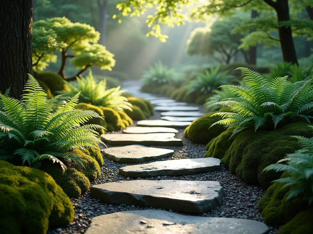 Fern-Lined Japanese Stone Path - A serene Japanese garden path with large natural granite stepping stones nestled among lush Japanese painted ferns and Autumn ferns. The stones are irregularly shaped and spaced, creating a mindful walking experience. Dappled sunlight filters through overhead Japanese maples, casting gentle shadows on the moss-edged stones. The path winds slightly, disappearing into a misty background with tender fern fronds swaying gently in the foreground, creating a dreamy forest-like atmosphere. The scene is captured in soft morning light, highlighting the various shades of green and the natural texture of the stone.