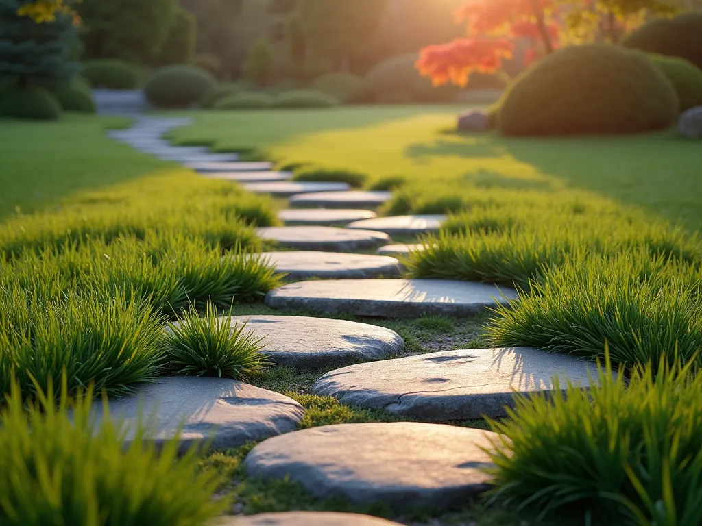 Tranquil Stone and Grass Path - A serene Japanese garden path featuring large, flat natural stepping stones nestled in meticulously maintained short green grass, photographed during golden hour. The stones are irregularly shaped and spaced, creating a meandering path through a peaceful garden setting. Stones are weathered granite in various earth tones, partially embraced by the grass growing between them. Soft morning mist in the background with Japanese maples providing a subtle backdrop. The composition shows the interplay of textures between smooth stone surfaces and tender grass blades, captured from a low angle to emphasize the natural flow of the path.