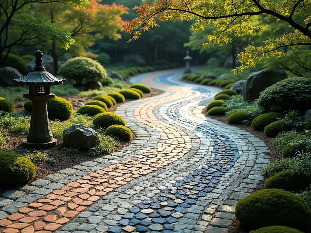 Japanese Stone Mosaic Garden Path - A winding garden path crafted from natural stones in varying shades of gray, slate blue, and warm terra cotta, arranged in a traditional Japanese wave pattern mosaic. The stones are carefully fitted together, creating a smooth yet artistic surface bordered by small clumps of moss and delicate ferns. Low-growing Japanese forest grass sways gently along the edges, while a traditional stone lantern stands sentinel nearby. The path leads through a serene garden setting with dappled sunlight filtering through Japanese maple branches overhead, casting intricate shadows on the detailed stonework.