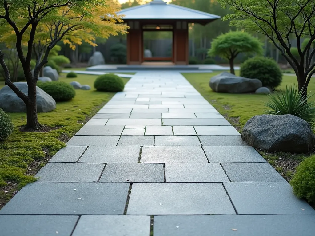 Modern Granite Path Through Japanese Garden - A serene Japanese garden path made of large, precise-cut granite slabs arranged in a clean linear pattern. The light grey stones create a minimalist walkway through a meticulously maintained Zen garden. On either side, carefully pruned Japanese maple trees and low-growing moss provide organic contrast to the geometric path. Gentle evening lighting casts subtle shadows across the stone surface, while small groups of ornamental grasses sway in the background. The path leads to a modern wooden pavilion in the distance, surrounded by bamboo. The composition emphasizes clean lines and contemporary design while maintaining traditional Japanese garden elements.