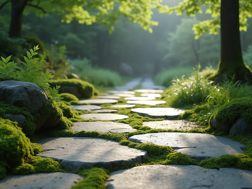 Ancient Moss-Laden Stone Path - A serene Japanese garden path made of large, weathered flat stones partially covered in lush green moss, photographed in soft natural lighting. The stones are irregularly placed with small gaps between them, creating a natural, aged appearance. The moss grows organically across the stones' surfaces and edges, creating a soft, velvety texture that contrasts with the rough stone. Surrounding the path are low-growing ferns and small clumps of ornamental grass, creating a peaceful woodland atmosphere. The path disappears into a misty background with Japanese maples, their delicate leaves casting dappled shadows on the stone surface. Captured with shallow depth of field, hyper-realistic detail, in the style of fine art nature photography.