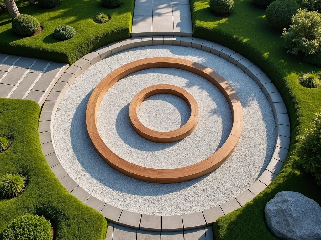 Contemporary Nested Circle Japanese Garden Path - A serene Japanese garden path featuring elegant concentric circles, photographed from above at a slight angle. The outermost circle made of light gray stepping stones, middle circle of white raked gravel, and inner circle of rich cedar wood decking. Surrounded by moss patches, small clumps of ornamental grasses, and dwarf Japanese maples. Soft morning light casting gentle shadows across the geometric pattern. Modern minimalist design with traditional Japanese elements, 8k resolution, architectural photography style.