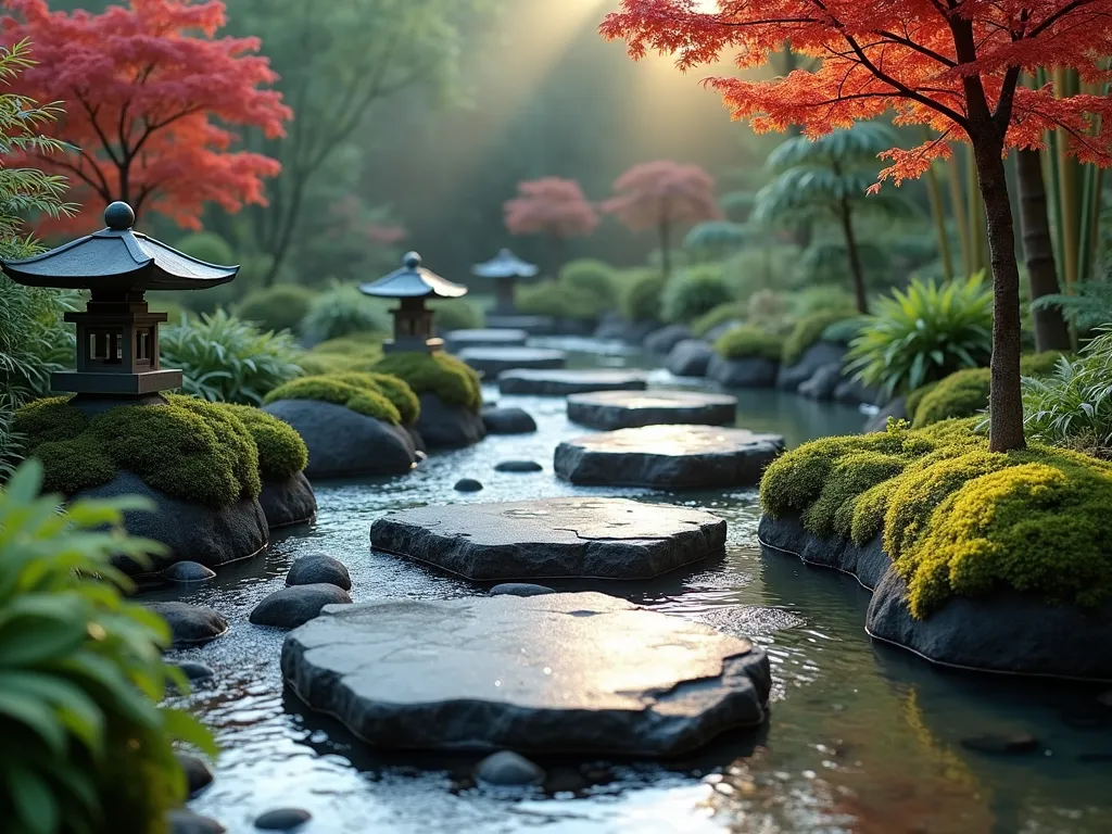 Tranquil Stream-Crossing Stone Path - A serene Japanese garden scene with large, flat granite stepping stones carefully placed across a crystal-clear flowing stream. The stones create a meandering path through lush moss banks and delicate ferns. Traditional stone lanterns peek through dwarf maple trees with deep red foliage. The stream is lined with smooth river rocks and small waterfalls. Wisps of morning mist hover over the water surface, while bamboo groves create a natural backdrop. The path curves gently, partially obscured by ornamental grasses and Japanese forest grass, embodying the miegakure principle. Photographed in soft morning light with shallow depth of field, ultra-detailed, 8k resolution.