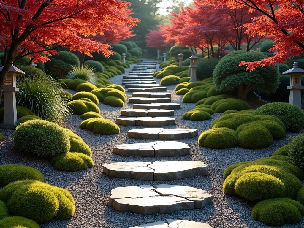 Tranquil Terraced Stone Garden Path - A serene Japanese garden path with natural granite stepping stones cascading down a gentle slope, creating elegant terraces. The stones are artfully placed in an organic pattern, interspersed with moss and small patches of fine gravel. Traditional Japanese maple trees with deep red foliage frame the path, while ornamental grasses and dwarf bamboo soften the edges. Stone lanterns placed strategically along the terraces provide subtle architectural elements. Late afternoon lighting casts gentle shadows across the terraced landscape, enhancing the dimensional quality of the design.