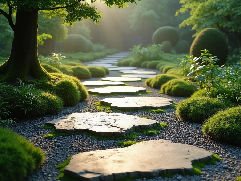 Serene Tobi-ishi Stone Path - A traditional Japanese garden path featuring irregularly shaped, flat natural stones placed at peaceful intervals, photographed in soft morning light. The stones are weathered granite in various earthy tones, artfully arranged in a meandering pattern through a serene garden space. Lush, emerald-green moss fills the spaces between the stones, creating a soft, organic contrast. Small patches of fine silver-gray gravel complement the design. The path is bordered by low-growing ferns and delicate Japanese forest grass, with a majestic Japanese maple providing dappled shade overhead. The composition captures the mindful, meditative nature of the path, with morning mist adding an ethereal quality. Photographed from a low angle to emphasize the stone placement and texture, 8k resolution, professional photography