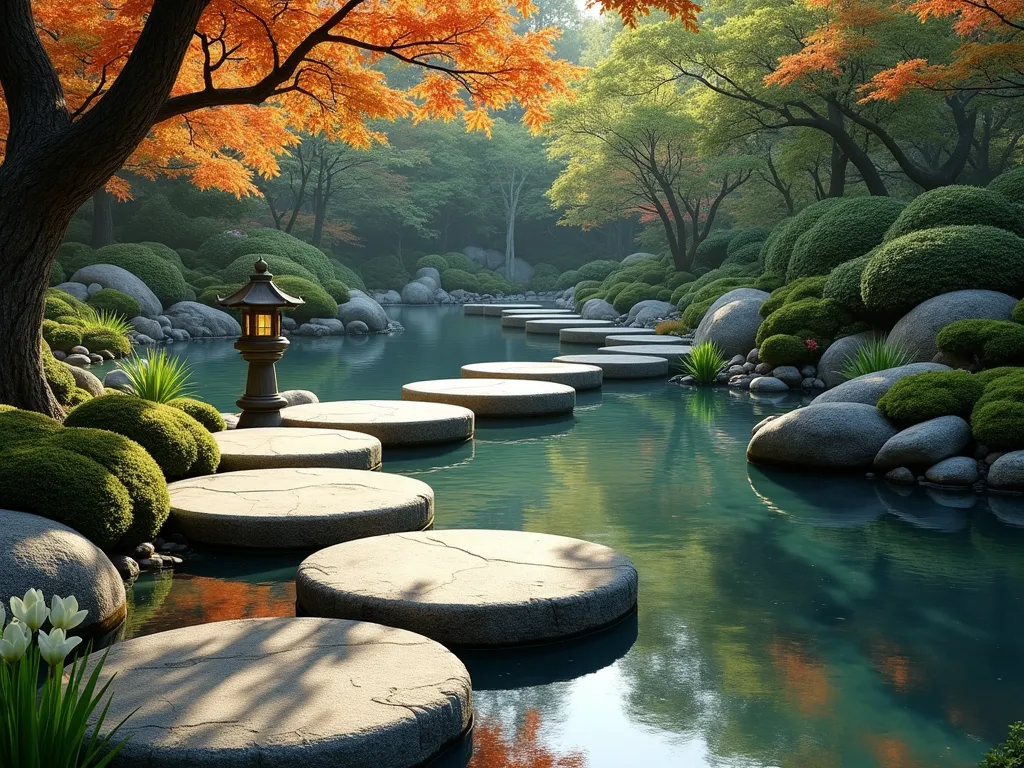 Tranquil Japanese Water-Edge Stone Path - A serene Japanese garden path composed of natural flat granite stepping stones meandering alongside a crystal-clear koi pond, photorealistic, afternoon light filtering through overhead Japanese maple trees casting dappled shadows on the path, moss-covered stones at the water's edge, blooming iris and smooth river rocks lining the pond, gentle ripples in the water creating mesmerizing reflections of the surrounding landscape, traditional stone lantern placed strategically along the path, fine art photography style, soft natural lighting