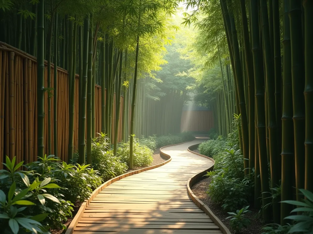 Serene Bamboo Path Journey - A tranquil winding garden path made of natural bamboo boards, curving mysteriously through tall, dense bamboo groves. Gentle sunlight filters through the towering bamboo stems creating dappled shadows on the path. The bamboo walls rise 20 feet high on both sides, creating an intimate corridor effect. The path disappears around a gentle curve, suggesting a journey into the unknown. Soft mist lingers near the ground, adding atmosphere. Photorealistic, high detail, warm natural lighting, Japanese garden aesthetic.