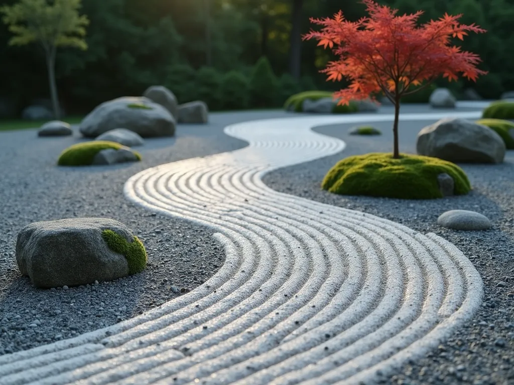 Serene Zen Garden Path with Raked Gravel Patterns - A serene and minimalist Japanese zen garden path, featuring a winding gravel walkway through meticulously raked concentric circles and wave patterns in pale gray gravel. The path is lined with carefully placed moss-covered stones and small granite boulders. Soft morning light casts gentle shadows across the raked patterns, creating a contemplative atmosphere. The composition is balanced with a single dwarf Japanese maple in the background, its delicate red foliage providing a subtle accent to the monochromatic landscape. Shot from a low angle to emphasize the flowing lines and peaceful atmosphere, photorealistic style.