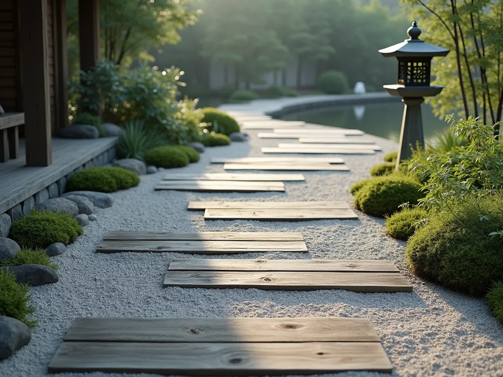 Zen Path with Alternating Gravel and Timber - A serene Japanese garden path featuring alternating sections of meticulously raked light gray gravel and dark-stained reclaimed timber planks, creating a rhythmic pattern. The path winds gently through a minimalist landscape with carefully placed moss patches and small ornamental grasses along the edges. Soft natural lighting casts subtle shadows across the textured gravel sections, while dewdrops glisten on nearby foliage. A traditional stone lantern sits quietly to one side, adding authenticity. The path is bordered by smooth river stones and leads toward a simple bamboo water feature in the misty background. Photorealistic, high detail, architectural photography style.