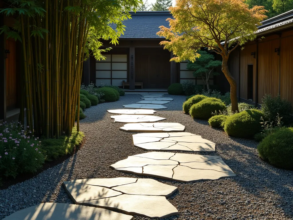 Zen Shadow Play Path - A serene Japanese garden path made of large, flat natural stones arranged in a meandering pattern, surrounded by meticulously raked gravel. Tall bamboo stalks and a traditional wooden pergola cast intricate shadow patterns across the path. The late afternoon sunlight creates a dramatic interplay of light and shadow, with the shadows of maple leaves dancing on the stone surface. The path is bordered by carefully placed ornamental grasses and a single flowering cherry tree, adding depth and architectural interest to the scene. The overall composition emphasizes the wabi-sabi aesthetic with its play of light, shadow, and natural elements.