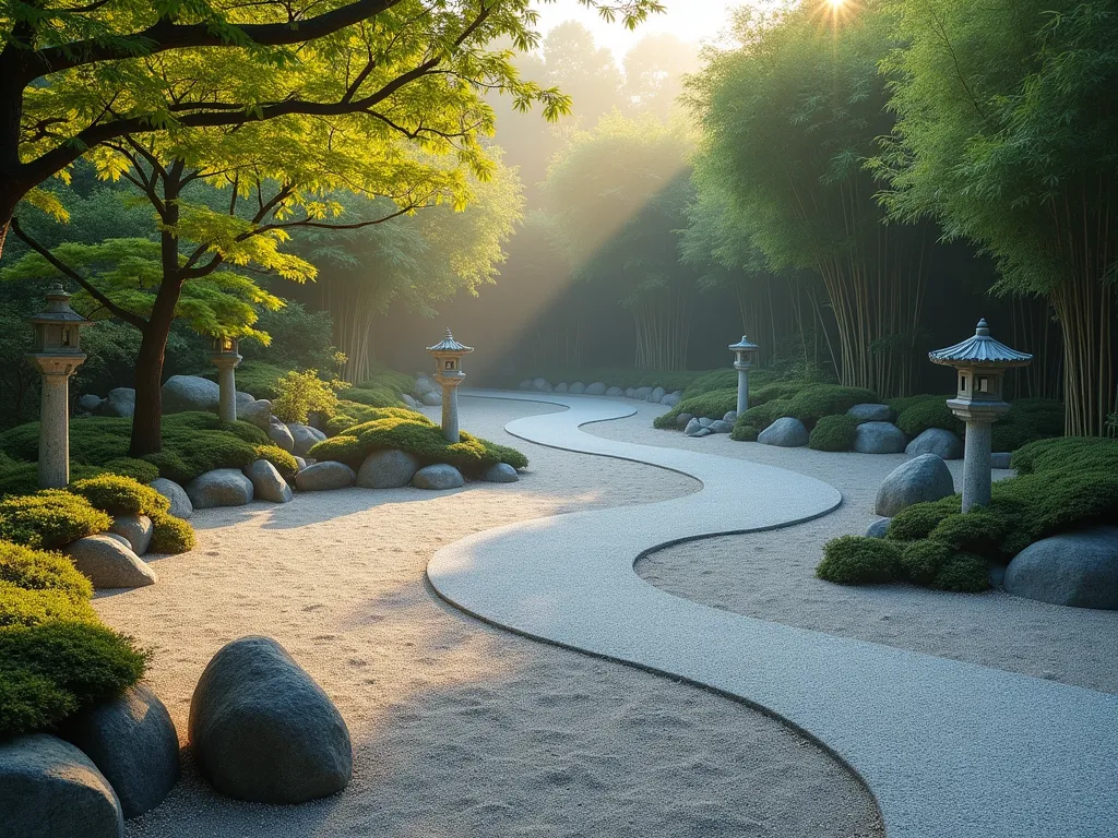 Zen Spiral Meditation Path - A serene spiral garden path made of smooth light gray gravel stones, surrounded by carefully raked sand patterns in a traditional Japanese zen style. The circular path gently winds inward, bordered by neatly trimmed low Japanese box hedges and occasional moss-covered stones. Soft maple trees cast dappled shadows across the path, while strategically placed stone lanterns provide subtle illumination. The background features bamboo groves and gentle mounds planted with ornamental grasses, creating a peaceful atmosphere perfect for mindful walking meditation. Shot during golden hour with mist hovering close to the ground.