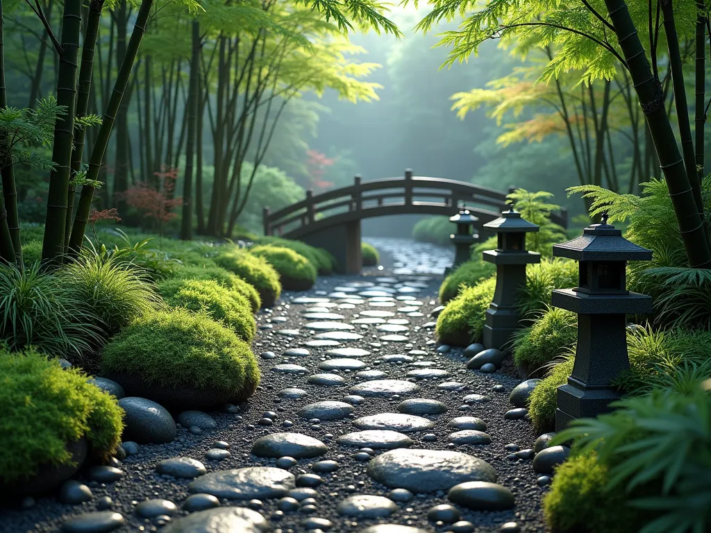 Zen Volcanic Rock Garden Path - A serene Japanese garden path made of dark volcanic rocks, arranged in an organic flowing pattern. The path winds through lush moss gardens and delicate ferns, with Japanese forest grass softening the edges. Dark charcoal-colored volcanic stones of varying sizes create a dramatic contrast against the vibrant green surroundings. Stone lanterns cast gentle shadows on the textured path surface. Bamboo and Japanese maples frame the scene, their leaves creating dappled light patterns on the volcanic stones. The path leads to a simple wooden bridge in the misty background.