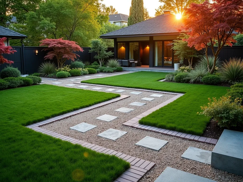 Diagonal Path in L-Shaped Garden - A captivating wide-angle view of an L-shaped garden at golden hour, featuring a striking diagonal gravel pathway that cuts dynamically through lush green lawn spaces. The path is bordered by mixed materials including natural stone pavers and weathered brick edges, creating an intricate geometric pattern. Ornamental grasses and flowering perennials soften the angular design, while mature Japanese maples provide architectural focal points at the path's turns. Modern garden lighting is tastefully integrated along the pathway, casting warm shadows across the textured surfaces. The diagonal layout cleverly leads the eye through the garden, making the L-shaped space appear larger and more inviting. Shot with soft, warm lighting emphasizing the pathway's flowing lines and garden textures. 16-35mm lens capturing the full spatial composition with dramatic perspective.