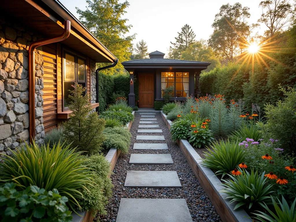 Eco-Friendly L-Shaped Garden Haven - A stunning wide-angle DSLR shot of a thoughtfully designed L-shaped sustainable garden during golden hour. The garden features a modern rainwater harvesting system with sleek copper downspouts feeding into an artistic stone collection basin. A green-roofed garden shed adorned with native sedums sits in one corner, while permeable gravel pathways wind through beds of drought-resistant native wildflowers and ornamental grasses. The L-shaped design includes a natural stone retaining wall with integrated composting systems cleverly disguised by climbing vines. Solar-powered accent lighting casts warm shadows across recycled timber raised beds filled with native plants. A rain garden with moisture-loving ferns and rushes captures runoff, while butterfly-attracting Echinacea and Black-Eyed Susans add splashes of color. The composition emphasizes the harmonious blend of sustainable functionality and natural beauty, shot at f/8 to ensure sharp detail throughout the scene.