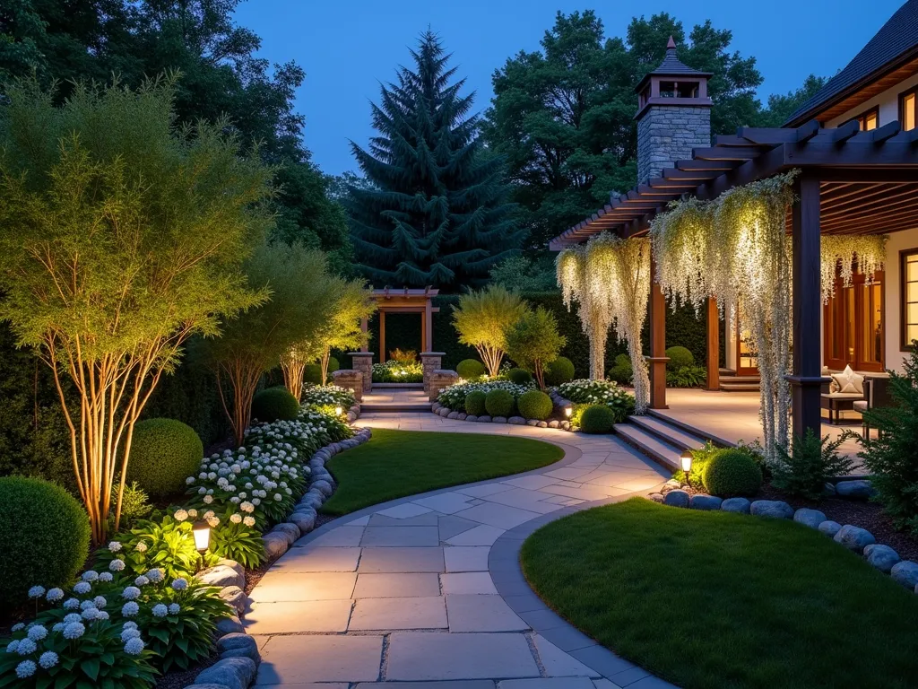 Enchanted L-Shaped Night Garden - A stunning wide-angle DSLR photograph of an elegant L-shaped garden at twilight, captured with perfect exposure. White flowering moonflowers and night-blooming jasmine cascade along illuminated stone pathways that curve through the corner space. Sophisticated copper path lights create pools of warm light along the walkway, while strategic uplighting dramatically illuminates the sculptural forms of Japanese maple trees and tall bamboo. Silver-leaved plants like lamb's ear catch and reflect moonlight, creating ethereal highlights. Modern LED strip lighting is concealed beneath built-in bench seating, casting a subtle ambient glow. In the background, a pergola draped with white wisteria is gently lit from below, creating magical shadow patterns. The photograph captures the interplay of light and shadow, with the garden taking on an otherworldly quality as day transitions to night. Shot at f/8 with a wide-angle lens to ensure both foreground pathway details and background architectural elements remain crisp and clear.