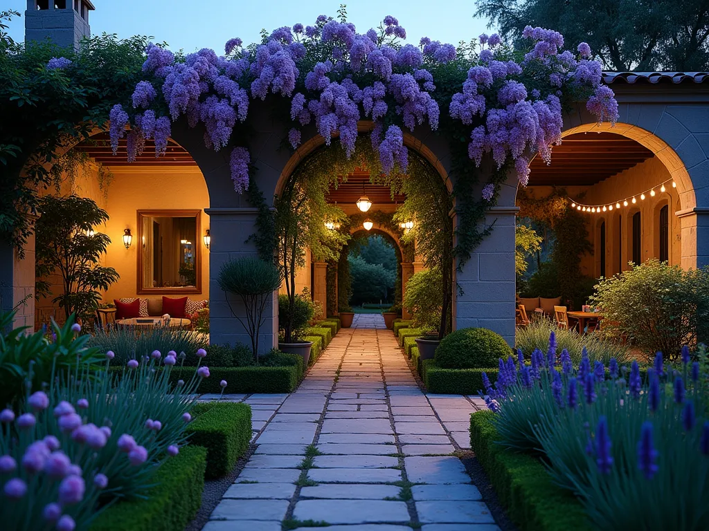 Enchanted L-Shaped Secret Garden Rooms - A magical twilight photograph of an L-shaped garden divided into intimate garden rooms, captured with a wide-angle lens. Stone archways draped with blooming wisteria and climbing roses create mysterious transitions between spaces. The foreground features a Mediterranean-inspired room with lavender beds and a small fountain, while the connecting pathway leads through a moon arch to a hidden English cottage garden room with climbing hydrangeas and foxgloves. Warm landscape lighting illuminates the architectural elements, creating dramatic shadows and a sense of mystery. The pergola-covered pathway is lined with fairy lights, leading to a secluded reading nook visible in the distance. Shot at f/2.8 to capture the ethereal quality of dusk, with selective focus on the architectural details and flowering plants.