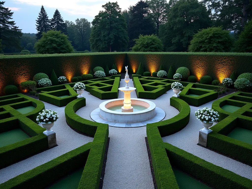 Classic L-Shaped Formal Garden with Geometric Symmetry - Elegant L-shaped formal garden at dusk with pristine box hedging creating geometric patterns and symmetrical pathways. A majestic white marble fountain stands at the corner intersection, water gently cascading. Perfectly manicured topiary spheres and pyramids line the walkways. Soft landscape lighting illuminates the architectural elements. Classical urns filled with white roses accent the corners. Gravel paths intersect between the meticulously maintained hedges, creating a sophisticated grid pattern. The garden exudes timeless elegance with its balanced proportions and formal European-inspired design.