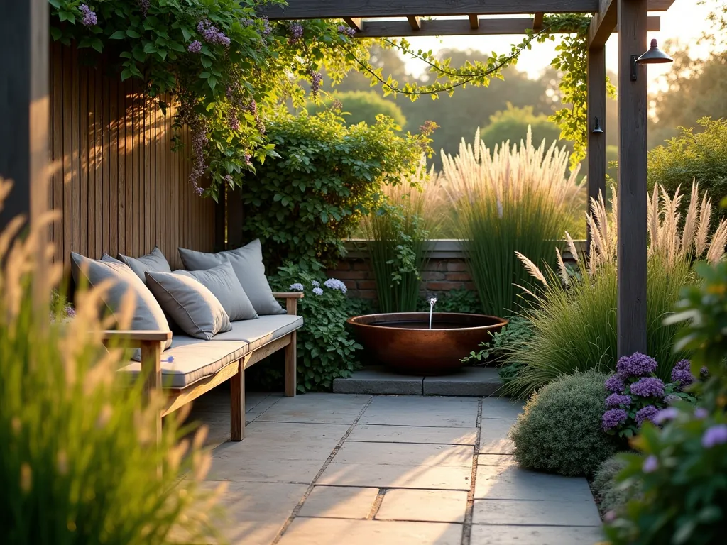 Enchanted Garden Reading Nook - A tranquil corner reading nook in an L-shaped garden, photographed during golden hour. A weathered wooden bench with plush outdoor cushions nestles against a privacy screen adorned with climbing jasmine and wisteria. Tall, swaying Miscanthus grass and Japanese Forest grass create a natural enclosure, while a copper bowl water feature provides a gentle cascade. Dappled sunlight filters through a pergola overhead, casting intricate shadows on the natural stone paving. The scene is captured with a wide-angle perspective, showing the integration of the nook within the broader garden landscape, with soft bokeh effects on the surrounding plantings. The composition emphasizes the cozy, secluded atmosphere with strategic garden lighting fixtures preparing for evening enjoyment.