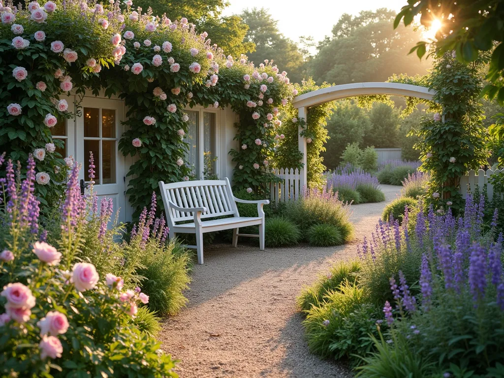 L-Shaped Cottage Garden Paradise - A dreamy wide-angle view of an L-shaped cottage garden at golden hour, featuring abundant English roses climbing white wooden arches. Winding gravel paths meander through lush informal borders filled with lavender, delphiniums, and foxgloves in soft purple and pink hues. A vintage-style white wooden bench nestles in a sunny corner, surrounded by billowing catmint and pale pink peonies. A charming white picket fence adorned with rambling roses frames the scene, while cottage garden classics like hollyhocks and lupins create height and structure. Dappled evening sunlight casts long shadows across the paths, highlighting the romantic, naturalistic planting style.