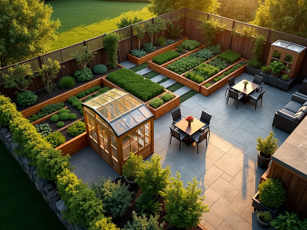 L-Shaped Edible Garden with Entertainment Space - A stunning aerial perspective of an L-shaped garden at golden hour, showcasing a harmonious blend of functionality and beauty. The left wing features meticulously arranged raised cedar garden beds filled with thriving vegetables and herbs, complemented by vertical growing trellises adorned with climbing peas and tomatoes. A charming glass greenhouse sits at the corner junction, its panels catching the warm evening light. The right wing transitions into an inviting entertainment area with a natural stone patio, comfortable outdoor furniture, and decorative container gardens. The space is photographed with a DSLR camera using a wide-angle lens, capturing the rich textures of the edible garden against the social space, with dramatic shadows creating depth and dimension. 8K resolution, architectural photography, photorealistic quality.