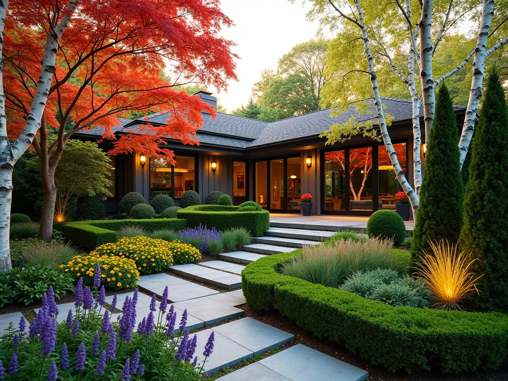 L-Shaped Four Season Garden Paradise - A stunning L-shaped garden design photographed at golden hour with a 16-35mm wide-angle lens at f/2.8, ISO 400. The garden features a harmonious blend of seasonal elements: towering Japanese maples with crimson autumn foliage, white-barked birch trees, evergreen boxwood hedging creating strong structural lines, and flowering cherry trees in full spring bloom. The foreground showcases a layered design of purple coneflowers, yellow rudbeckia, and ornamental grasses catching the warm light. Winter interest is provided by illuminated silver birch trunks and sculptural evergreen topiary. A natural stone pathway winds through the L-shaped space, leading to a cozy seating area. Large windows of a contemporary home reflect the garden, emphasizing the indoor-outdoor connection. Professional landscape lighting highlights key features for evening enjoyment.