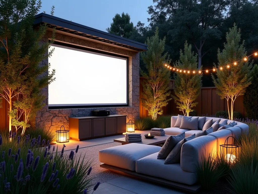 L-Shaped Garden Outdoor Cinema Haven - Wide-angle twilight shot of a luxurious L-shaped garden cinema space, featuring a large white projection screen mounted on a natural stone wall adorned with climbing jasmine. Plush weatherproof sectional seating curves around the L-shape, creating an intimate amphitheater setting. Strategically placed bamboo plants and ornamental grasses provide acoustic barriers. Soft landscape lighting illuminates the pathways, while string lights draped overhead create a magical ambiance. A sleek, modern storage cabinet conceals cinema equipment. The space is anchored by a mix of comfortable throw pillows, outdoor blankets, and a scatter of LED lanterns. The surrounding garden beds feature lavender and miscanthus grass, adding both beauty and sound dampening properties.