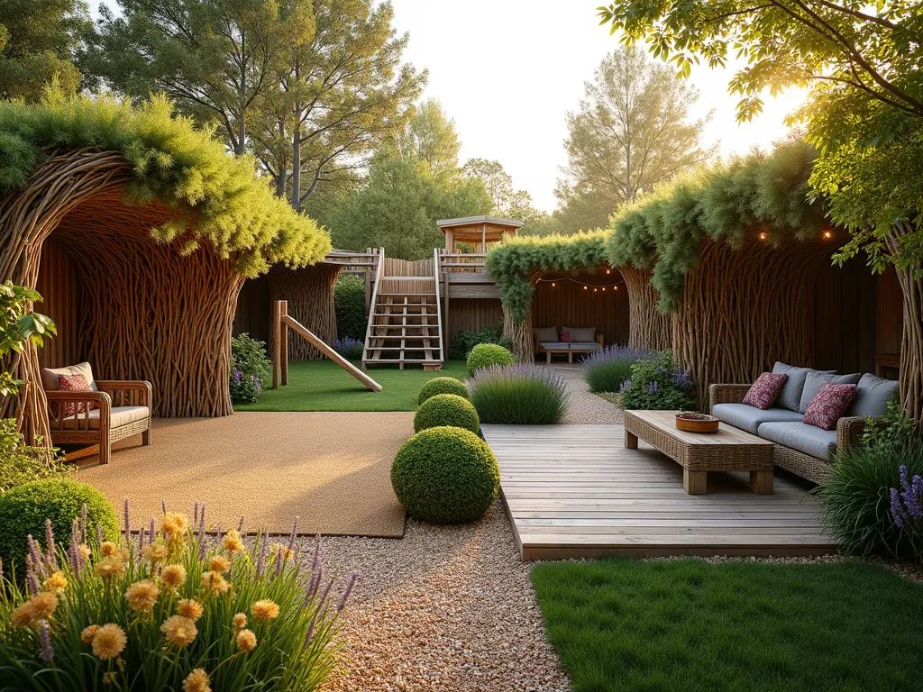 L-Shaped Garden Play Haven - A harmonious L-shaped garden at golden hour, photographed from an elevated angle using a wide-angle lens. The left section features a magical children's play area with rubber safety flooring in earth tones, surrounded by living willow structures forming natural archways and tunnels. A wooden climbing frame intertwines with the willows, creating an enchanted forest feel. The right section transitions into an adult zen space with comfortable rattan seating and weathered wooden decking, strategically positioned to maintain clear sightlines to the play area. Soft ornamental grasses and lavender border both sections, while string lights drape overhead. Natural wood chip pathways connect both spaces, with butterfly-attracting flowers adding splashes of color. The scene is bathed in warm, late afternoon sunlight, casting gentle shadows through the willow structures, DSLR capture at f/8, ISO 100, 1/125 sec.