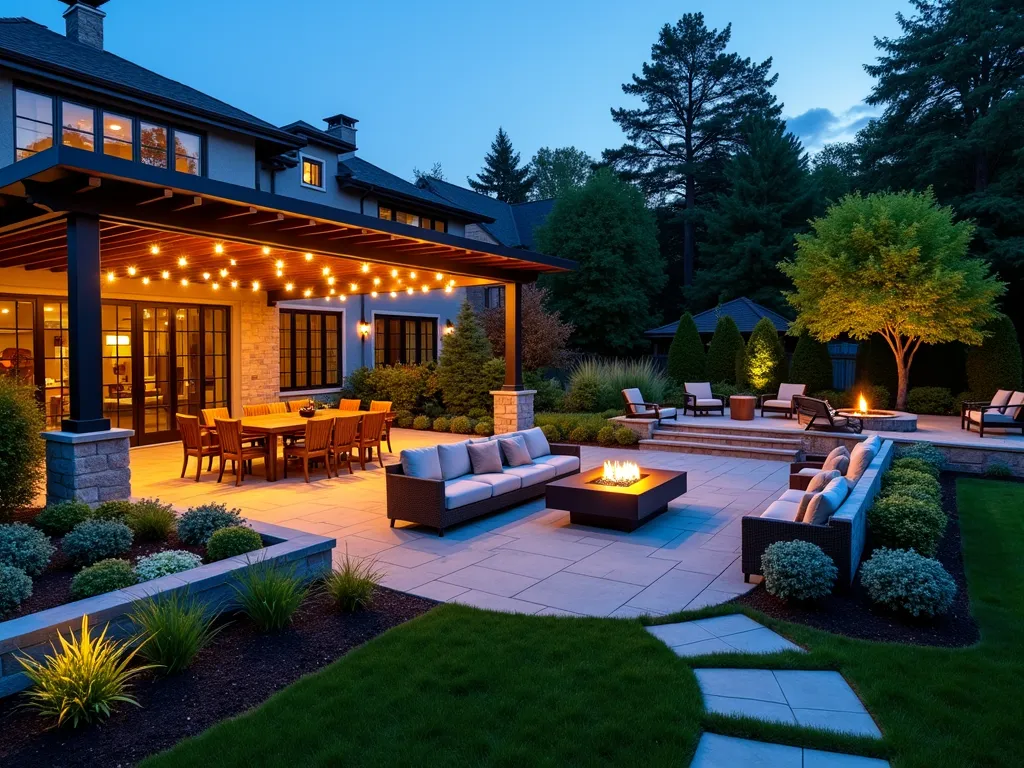 L-Shaped Garden Social Hub at Dusk - A stunning L-shaped garden at dusk featuring three distinct social areas connected by illuminated stone pathways. In the foreground, an elegant outdoor dining area with a large wooden table and comfortable chairs sits under a modern pergola draped with string lights. To the left, a cozy conversation pit with plush outdoor sofas and armchairs surrounds a modern gas fire pit, creating warm ambient lighting. The right corner features an intimate seating nook with Adirondack chairs beneath a mature Japanese maple tree. Natural stone retaining walls with integrated LED lighting define the spaces, while mixed border plantings of ornamental grasses, hydrangeas, and flowering perennials soften the hardscaping. Atmospheric landscape lighting creates a warm, inviting ambiance throughout the space. Wide angle view capturing the flowing connectivity between all social zones.