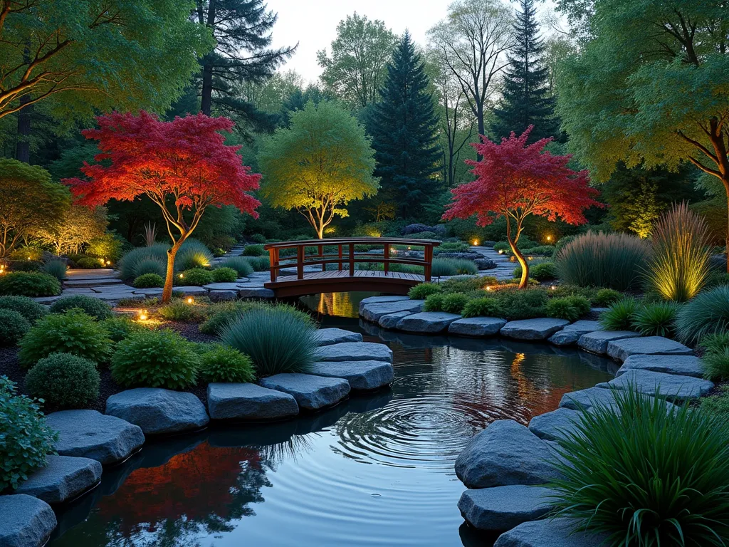 L-Shaped Garden Water Feature at Dusk - A serene L-shaped garden at dusk with a gently flowing stream that curves around the corner, connecting two natural-looking ponds. The water feature is illuminated by subtle underwater lighting and surrounded by lush marginal plants. A rustic wooden bridge crosses the narrowest part of the stream, while stepping stones provide additional crossing points. Japanese maples cast elegant reflections on the water's surface, while ornamental grasses sway in the evening breeze. Natural stone edging defines the waterway, with clusters of iris, hostas, and ferns creating layered textures along the banks. Wide-angle view capturing the entire L-shaped layout with soft landscape lighting creating a magical atmosphere.