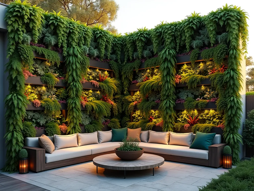 L-Shaped Living Wall Paradise - A stunning L-shaped garden corner featuring floor-to-ceiling living walls with lush vertical plantings, captured during golden hour. The modern design showcases a cascading arrangement of ferns, philodendrons, and flowering vines on both walls, with integrated LED lighting and a sleek automatic drip irrigation system visible. Wide-angle shot emphasizing the dramatic height and depth of the vertical garden, complemented by comfortable modern seating at the corner junction. Trailing plants like jasmine and clematis create organic curtains, while pocket plantings of colorful heucheras and Japanese forest grass add texture at different levels. High-end architectural elements include weathered copper sconces and natural stone flooring. Shot with soft, warm lighting highlighting the dimensional aspects of the living walls, 8K quality, photorealistic.