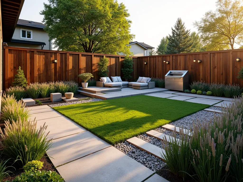 L-Shaped Pet Paradise Garden with Modern Amenities - A stunning wide-angle shot of an L-shaped garden at golden hour, featuring a modern pet-friendly design. The space showcases a pristine artificial turf play area bordered by pet-safe ornamental grasses and lavender. A sleek, contemporary dog wash station with stone tiles integrates seamlessly into a curved wooden privacy wall. Natural stepping stones create an exercise path through beds of sturdy lamb's ear and feather reed grass. A raised deck area includes built-in cat climbing structures wrapped in sisal rope, while strategically placed cushioned seating areas allow pet owners to supervise. Soft landscape lighting illuminates the space, creating a warm, inviting atmosphere. The garden includes durable Corten steel planters filled with catnip and wheat grass, perfectly positioned along the L-shaped border. A water feature provides fresh drinking water for pets, surrounded by smooth river rocks for safety. Shot with dramatic shadows and depth, emphasizing the thoughtful spatial organization and pet-friendly elements.