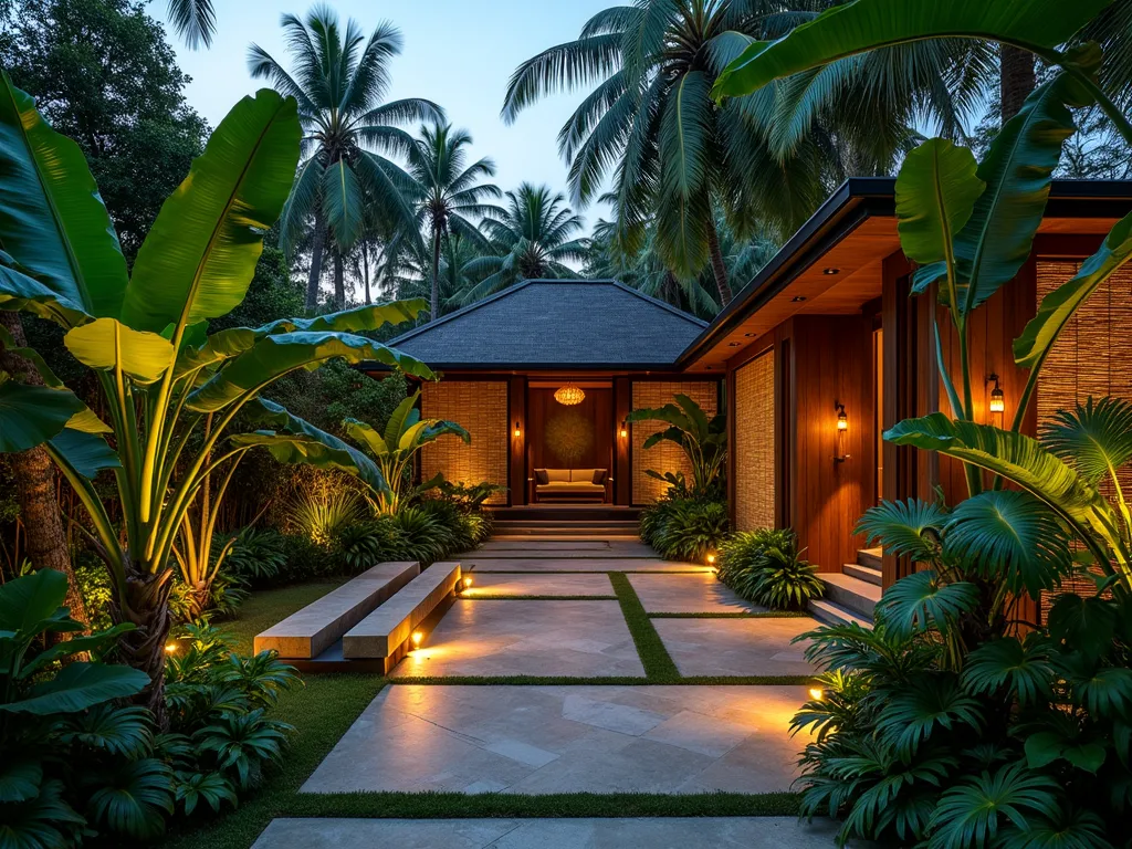 Lush L-Shaped Tropical Garden Retreat - A stunning dusk photograph of an L-shaped tropical garden, shot at f/2.8 with warm ambient lighting. Large banana trees and dramatic tree ferns create a lush canopy, while strategically placed bamboo screens provide privacy. A modern wooden pavilion with a pitched roof sits elegantly in the corner, illuminated by soft copper lanterns and hidden ground lights. Multiple layers of tropical foliage create depth, with Monstera deliciosa and bird of paradise plants in the foreground. Natural stone pathways wind through the space, leading to a small meditation area. Captured with a wide-angle 16mm lens to showcase the L-shaped layout's transformation into an exotic paradise, with golden hour lighting filtering through the leaves creating magical shadows.