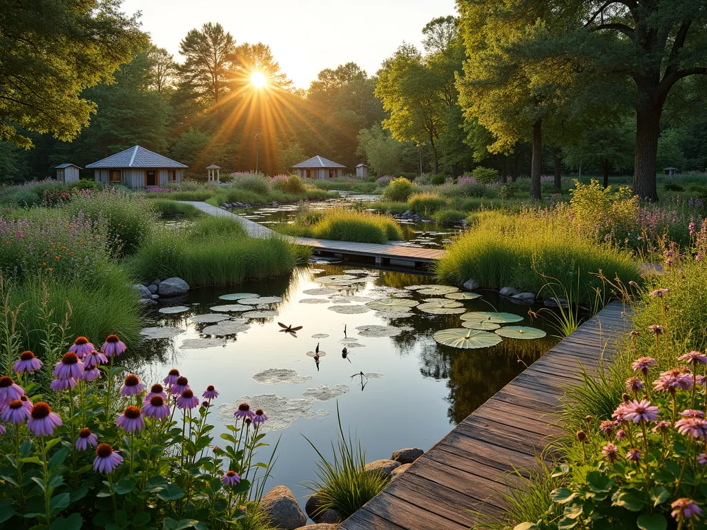 L-Shaped Wildlife Garden Haven at Dusk - A stunning DSLR wide-angle photograph of an L-shaped wildlife garden at golden hour, featuring a natural pond with water lilies in the corner junction. The left wing showcases a meandering pathway through native wildflowers and tall grasses, while the right wing transitions into a woodland area with mature trees. Bird boxes are visible on trees, and a rustic log pile habitat sits near the pond. Purple coneflowers, black-eyed susans, and butterfly bushes attract butterflies and bees in the foreground. A wooden viewing deck extends over one edge of the pond, where dragonflies hover over the water's surface. The warm evening light casts long shadows across the space, highlighting the naturalistic planting scheme. Professional photographic quality with perfect exposure at f/8, capturing the rich biodiversity and peaceful atmosphere of this wildlife sanctuary.