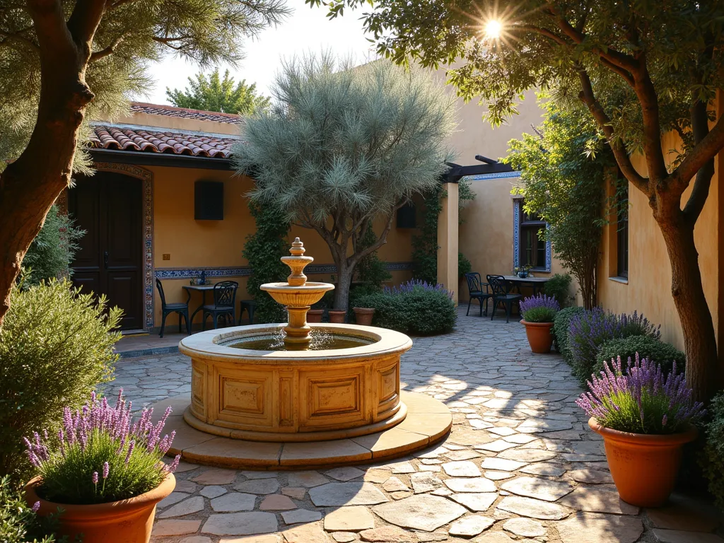 Mediterranean L-Shaped Courtyard Garden - A stunning DSLR wide-angle shot of an L-shaped Mediterranean courtyard garden at golden hour, featuring a weathered stone fountain as the central focal point surrounded by mature olive trees. Ancient terracotta pots overflow with purple lavender and cascading rosemary. Intricate blue and white mosaic tiles line the pathway walls, while drought-resistant Mediterranean plants create texture in the borders. A rustic wooden pergola draped with flowering bougainvillea provides shade, and vintage wrought iron furniture creates an intimate seating area. Warm evening sunlight casts long shadows across the textured stone paving, highlighting the authentic Mediterranean atmosphere. Shot at f/8 for optimal depth of field, capturing the rich details and ambiance of this sun-drenched haven.